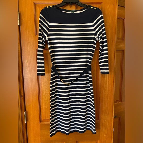 Lauren Ralph Lauren Dress Medium Blue White Striped Knit Gold Buttons Belt - Picture 1 of 9